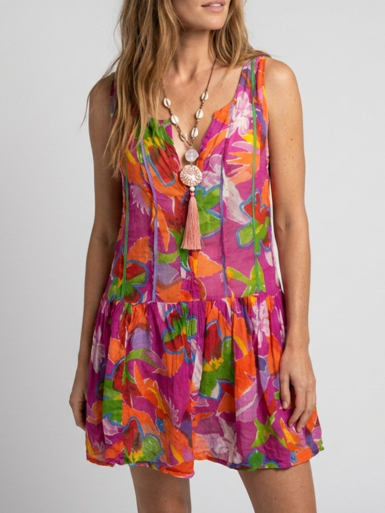 90s Tropical Dress Vintage Bold Colorful Floral Cotton Gauze Sundress Size M